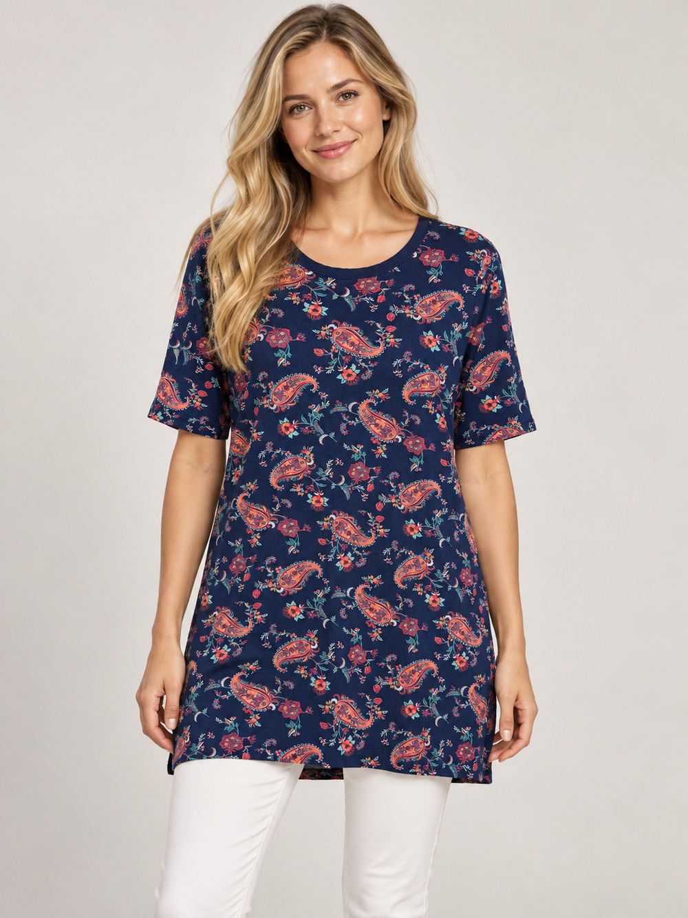2/$30 Lands' End Navy Coral Paisley Cotton Stretch Top XLP #A6064